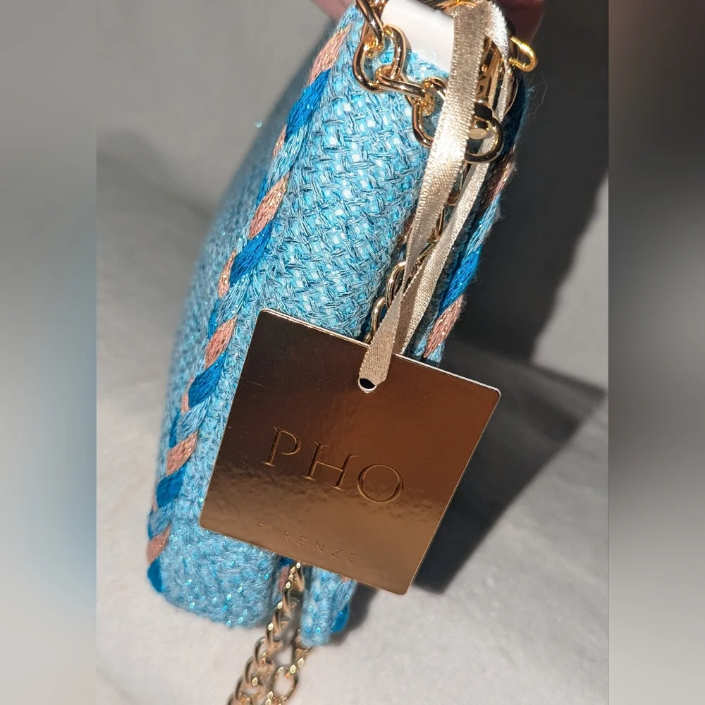 PHO Firenze Blue and Gold Chain Women's  envelope style bag.